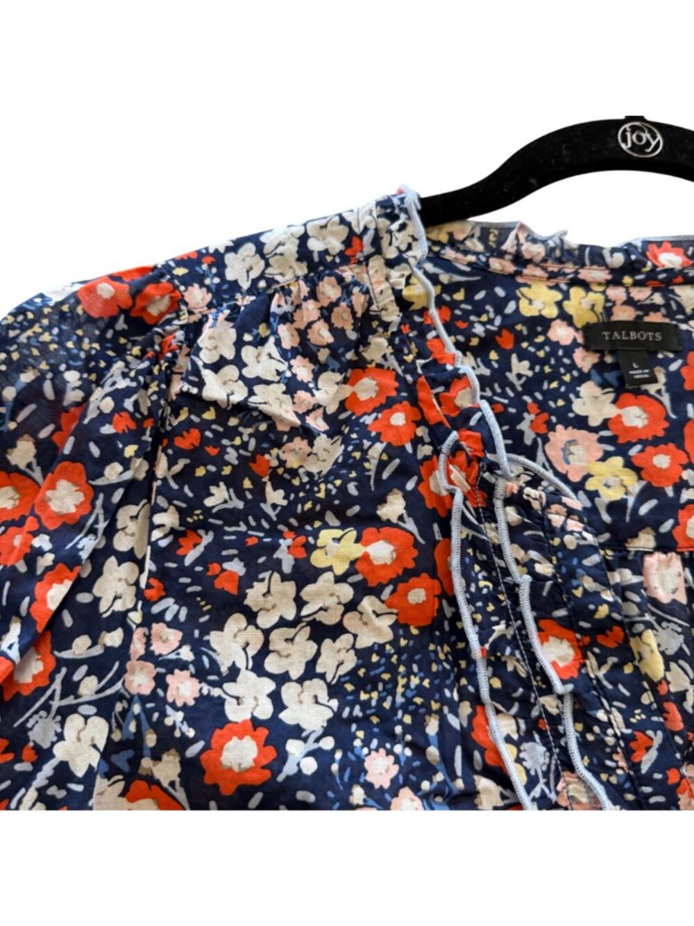 Talbots Ruffle Trim Top L Womens Navy Blue Floral Cotton Short Sleeve Blouse - Picture 2 of 10